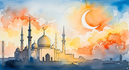 A watercolor painting depicts a mosque silhouetted against a vibrant crescent moon and sky