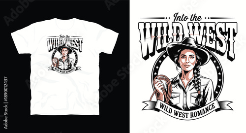 Vintage wild west cowgirl illustration with rodeo rope and typography for tshirt design