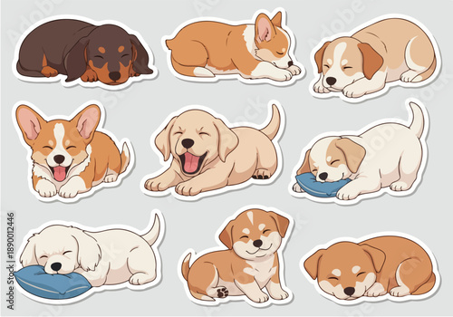 Adorable puppy sticker pack illustration featuring dogs in various poses and expressions sticker-pack-22.eps