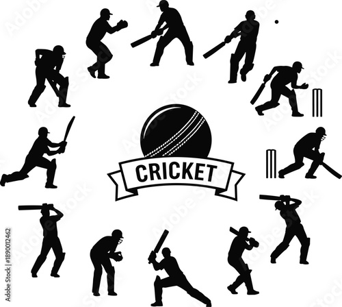 Dynamic Cricket Silhouettes in Action Around Emblem Banner Featuring Batting, Bowling, Fielding, and Wicket-Keeping Poses for Sports Design