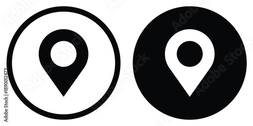 Classic map pin pointer icons in black and white circular variations, perfect for GPS navigation, address location, and geographical marking in app interfaces.