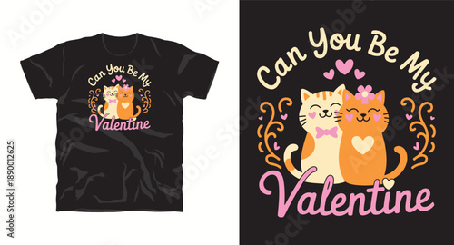 Black t-shirt design for valentine's day featuring adorable cats with a romantic quote
