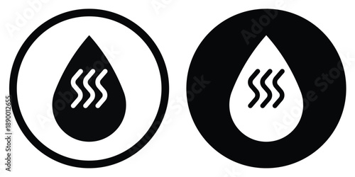 Vector icons of a water droplet with steam lines, representing hot water, heating systems, or humidity in linear and solid styles.
