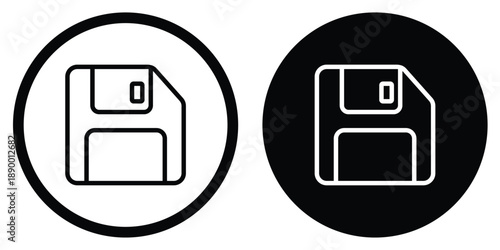 Classic floppy disk icons in outline and solid styles, representing data storage, saving files, and vintage computer technology.