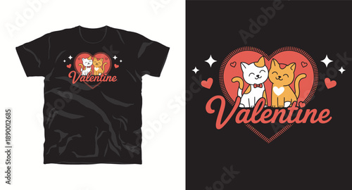 Black t-shirt design featuring cute valentine cats in a heart shape, perfect for animal lovers