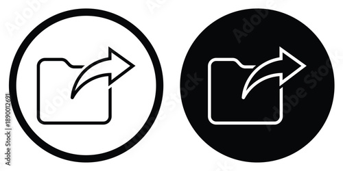 Minimal black and white share icon showing an arrow emerging from a square inside circular shapes. Clean flat design representing sharing, external link, export, redirect, or forward action in digital