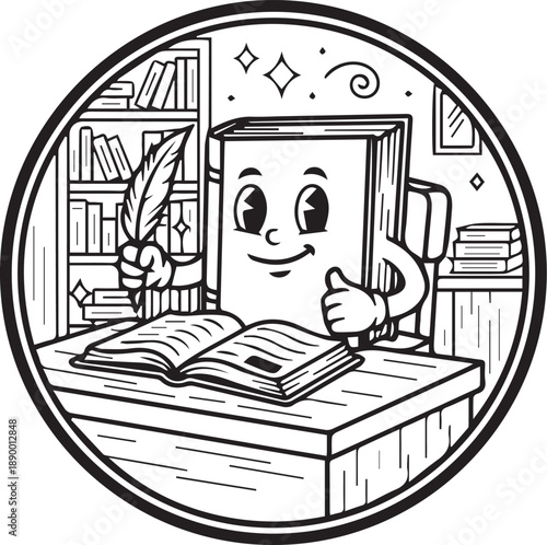 Vintage Cartoon Book Character Writing Whimsical Black and White Illustration of an Anthropomorphic Book Character Using a Quill Pen 
