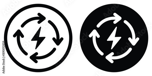 Renewable energy symbol featuring a lightning bolt inside circular arrows. Vector icon representing recycling, sustainable power, and fast charging. Clean graphic for green tech and ecology.
