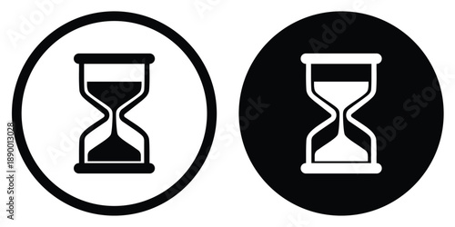 Hourglass vector icon representing time management. Circular black and white symbol for deadline, history, waiting process, and countdown timer for web and app interface design.