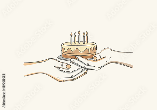 Candlelit cake being presented on a plate by two hands in a warm and intimate gesture of celebration