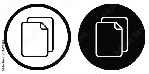 Copy files vector icon showing overlapping document sheets. Circular black and white button set for duplicate content, file management, and office paperwork organization symbols.