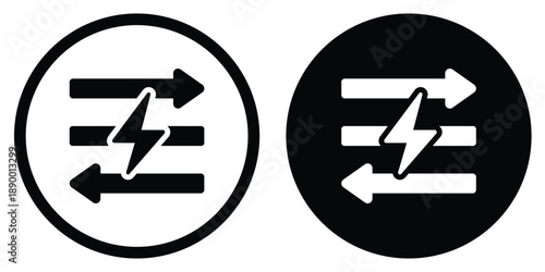 Energy transfer vector icon with lightning bolt and horizontal arrows. Circular black and white symbol for power exchange, electrical flow, battery charging, and fast data sync.