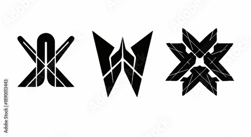 Set of Three Black Sharp Geometric Abstract Logo Marks Featuring Bold Symmetrical Wings and Futuristic Linear Architectural Elements