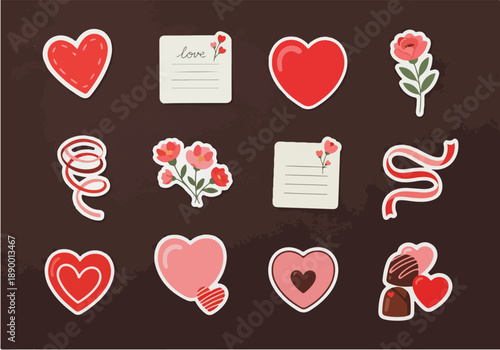 Valentine sticker pack collection on dark background with hearts flowers ribbons designs sticker-pack-30.eps