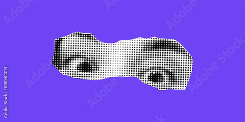 Surreal collage illustration where eyes appear on a human face through torn paper, creating strong visual contrast. Suitable for website banner, editorial poster or digital background with grain and h