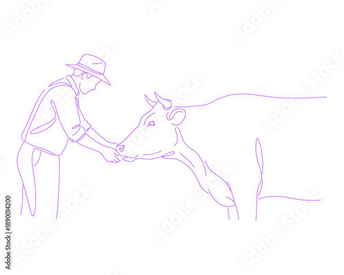 Farmer Feeding Cow Lineart Illustration