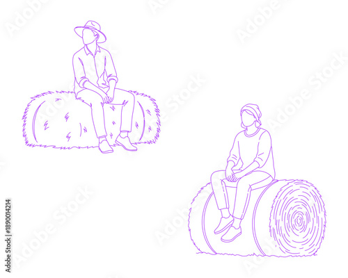 Person Standing on Haystack Lineart Illustration