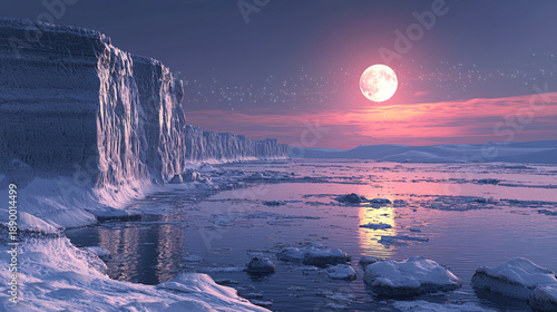 A calm, icy scene features towering frozen cliffs reflecting the vibrant colors of twilight, with a large moon casting glow on the water
