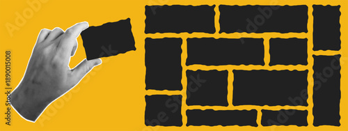 Organic doodle labels. Wavy organic rectangles with jittered outline. Halftone collage hand, text box overlay for posters and covers.