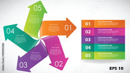 5-Step Radial Business Infographic Template. Vector Pinwheel Design with Colorful Numbered Arrows and Strategic Presentation Sidebar
