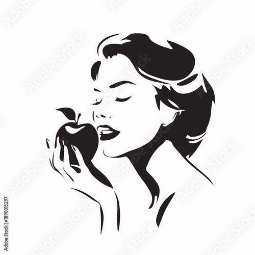 Healthy woman biting a fresh apple logo vector on white background