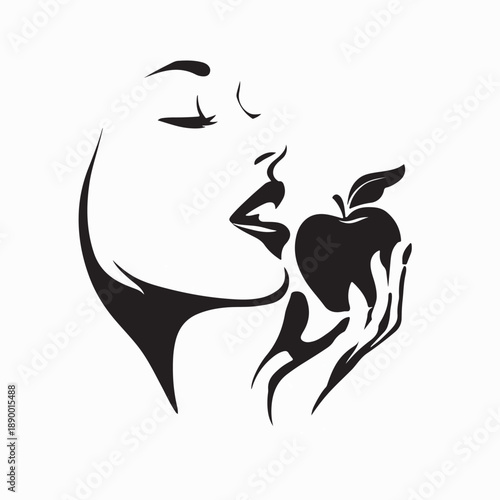 Healthy woman biting a fresh apple logo vector on white background