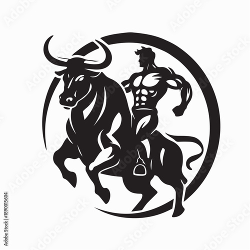 Muscular Man Riding a Powerful Bull Silhouette Vector on White Background