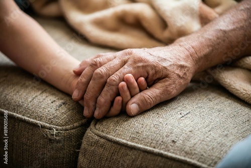 Two hands are clasped together on a couch. One hand is smaller and younger, while the other is larger and older. This scene takes place in a living room, showing a moment of connection
