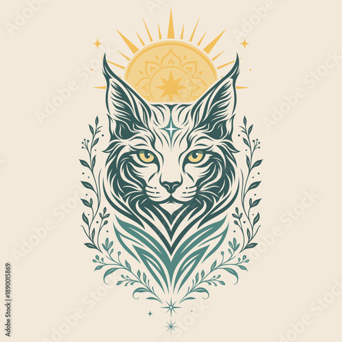 Krafttier Mystischer Luchs mit Sonne - Ornamentales Tier Vektor Motiv