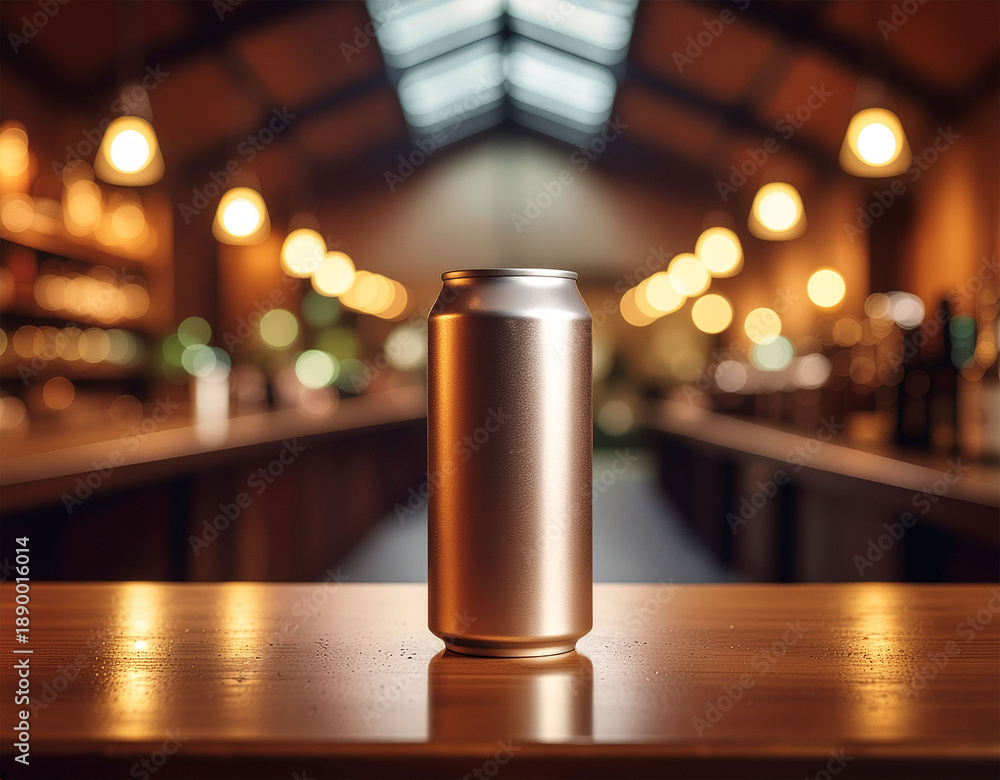 Fototapeta premium Blank Aluminum Can Mockup on Bar Counter With Warm Bokeh Lights