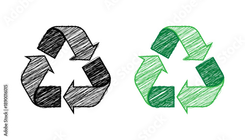 Scribble doodle recycle icon set in black and green colors. Vector illustration