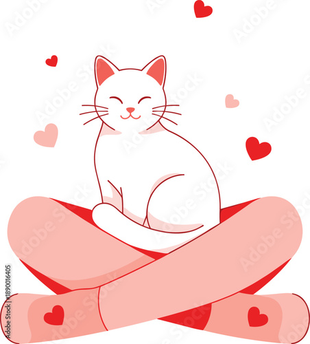 Cute girl sitting in a yoga pose with a calm white cat