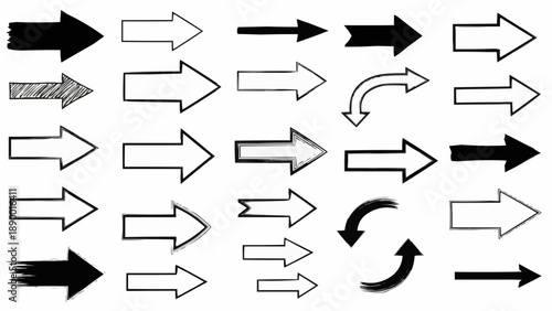 Collection of diverse black and white arrows in various styles