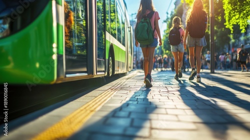 People boarding electric bus at modern city stop representing sustainable transport smart urban mobility eco infrastructure and clean energy future innovation