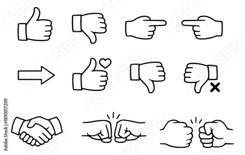 Line art communication symbols set featuring hand gestures and an arrow for social media and user interaction