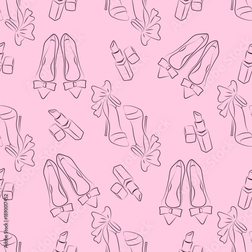 Seamless pattern with hand drawn high heel sandals, ballet flats and lipsticks in minimal line art on soft pink background, cute feminine fashion print for fabric, wrapping paper
