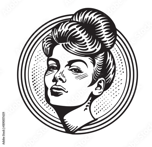 Vintage style illustration of a lovely lady. Black and white clip art.