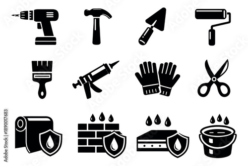 Minimalist construction and waterproofing icons set featuring tools and protective symbols for building and home renovation