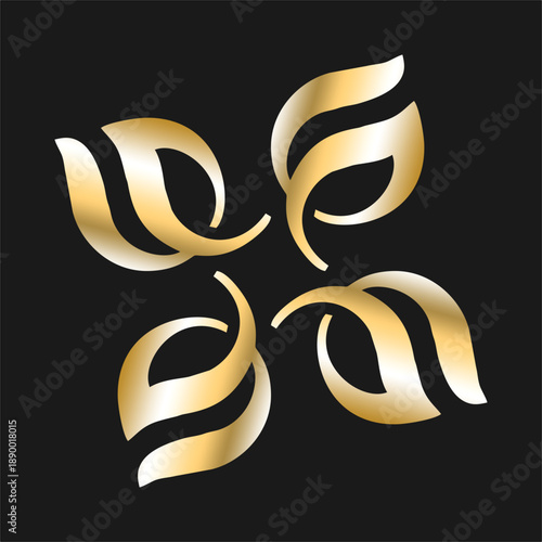 Four metallic petals curve outward like leaves, forming a balanced emblem with smooth gradients, elegance, symmetry, and modern luxury.