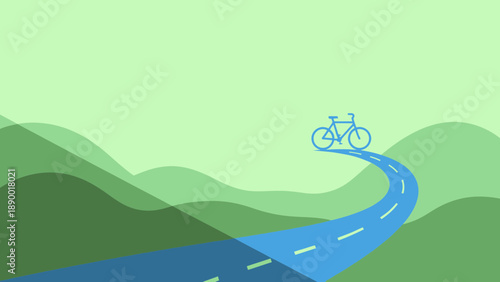 Stylized blue bicycle journeys along a winding road through green hills under a light green sky