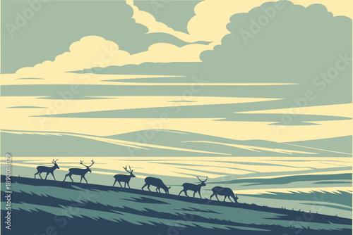 Herd of Reindeer Grazing Peacefully on a Stylized Tundra Landscape Under a Cloudy Sky