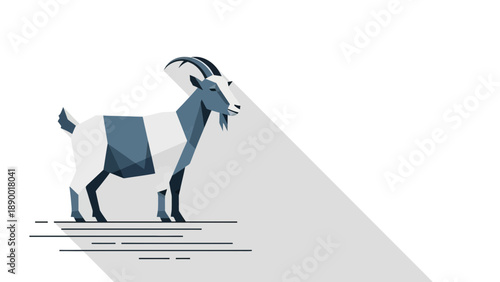Stylized Geometric Goat Illustration Standing Isolated on a Light Background with Shadow