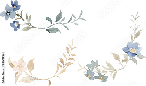 淡い水彩タッチで描かれた青い花とボタニカルリーフの装飾フレームセット｜ナチュラルで上品な花のコーナー素材、ウェディング・招待状・背景デザイン向けイラスト