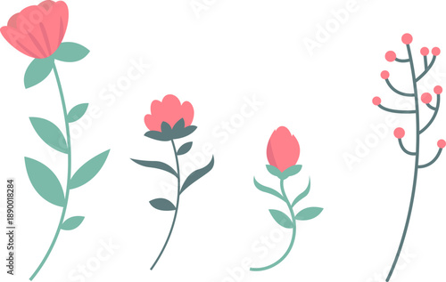 やさしいピンクの小花とグリーンの枝をシンプルに描いたナチュラルボタニカルイラスト｜北欧テイストで春のデザインや女性向け素材に使いやすいフラワーセット