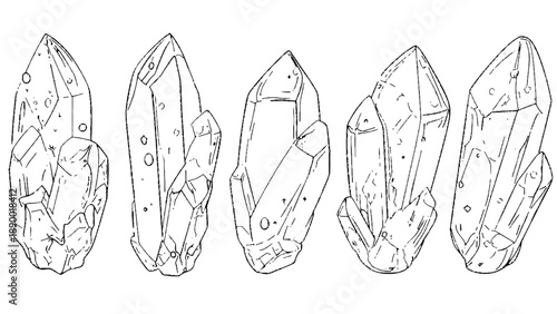 Vector sketch-style of a series of fantasy magic crystals. Drawing with black lines on a transparent background.