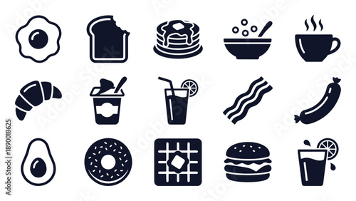 Breakfast icon set. Glyph black silhouettes - fried egg, toast, pancakes, cereal bowl, coffee, juice, croissant, avocado, waffle. Flat vector pictograms