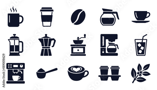 Coffee icon set. Glyph black silhouettes - mug, to go cup, espresso machine, french press, moka pot, grinder, latte art. Flat vector pictograms