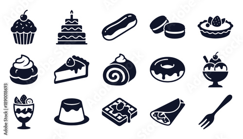 Desserts and pastries icon set. Glyph black silhouettes - cupcake, birthday cake, macaron, tart, donut, swiss roll, ice cream sundae, crepe. Flat vector pictograms