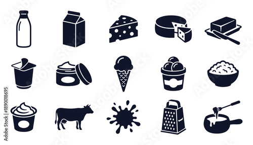 Dairy and cheese icon set. Glyph black silhouettes - milk bottle, butter, yogurt, ice cream, sour cream, fondue, grater, cow. Flat vector pictograms