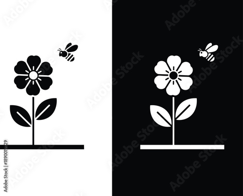 a striking black and white composition featuring delicate floral illustrations with buzzing bees presenting a balanced and symbolic visual contrast